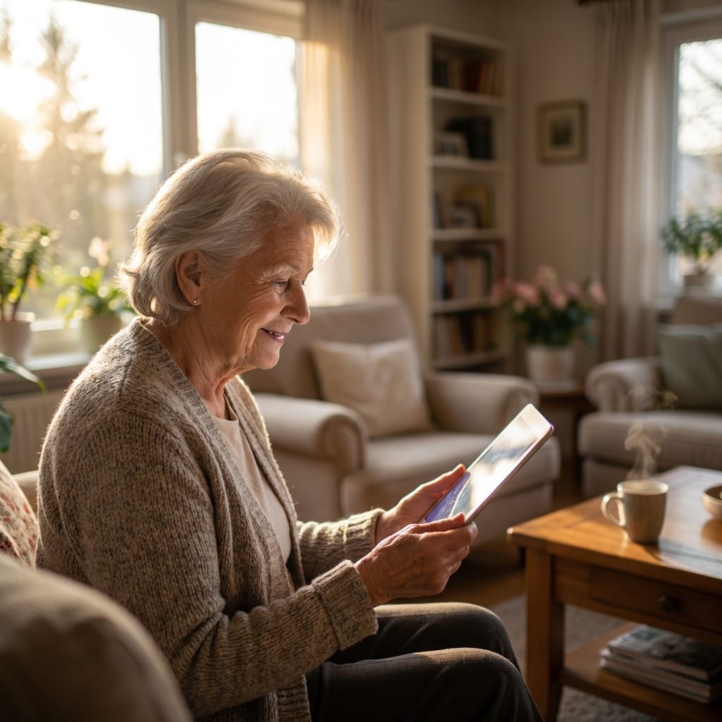 Senior vrouw geniet van technologie