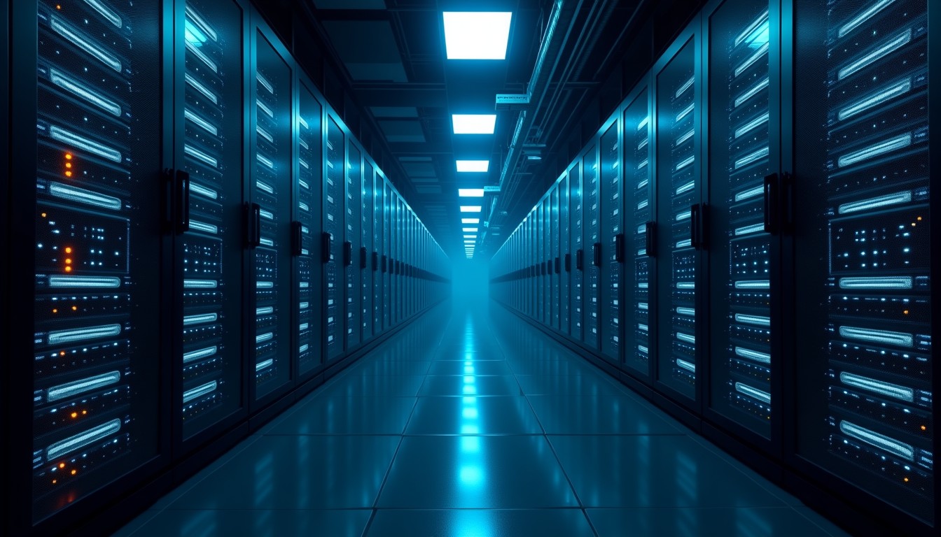 Rij serverkasten met blauwe en oranje indicatielampjes in een datacenterhal, perspectief naar een lichtpunt in de verte.
