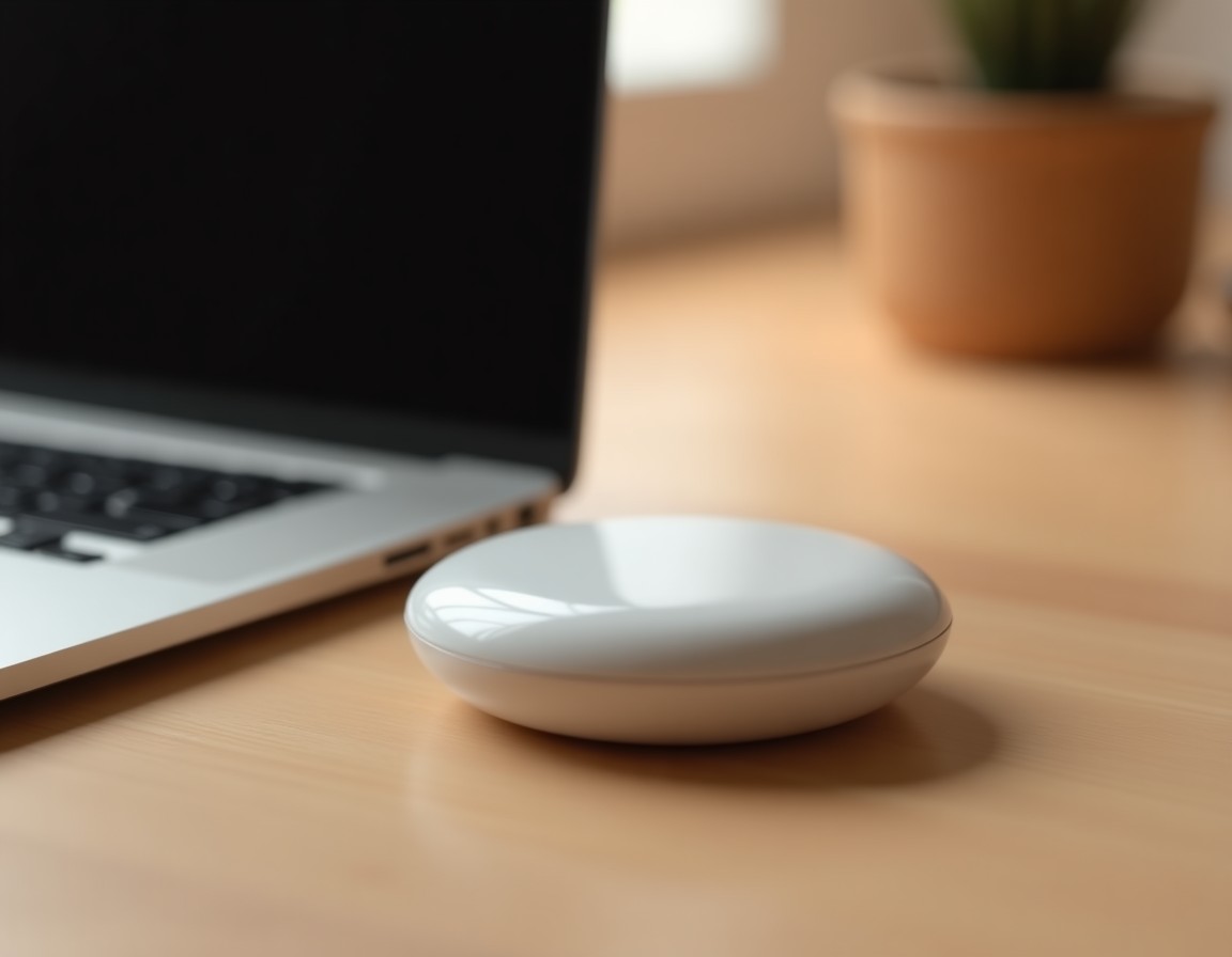 Een klein, onbedrukt wit apparaat naast een laptop op een bureau, als beeld van de nieuwe generatie AI-hardware die OpenAI wil bouwen.