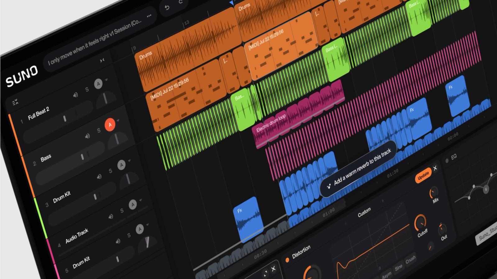 Tijdlijn in Suno Studio met gekleurde sporen voor drums, bas en effecten, en een tekstveld dat vraagt om warme reverb op een spoor