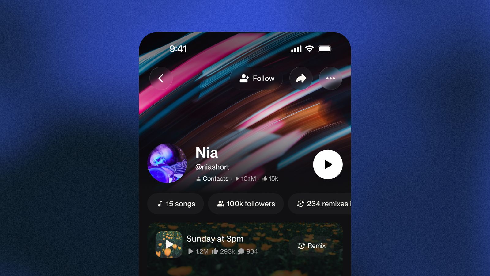 Artiestenprofiel in de Suno-app met 15 nummers, 100.000 volgers en 234 remixes