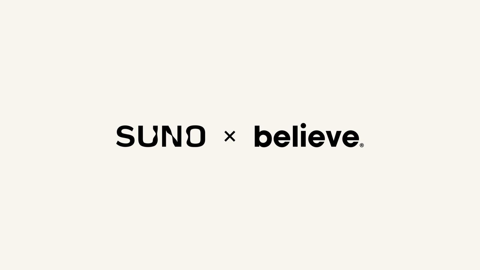 Aankondigingsbeeld met de woordmerken van Suno en Believe naast elkaar op een gebroken witte achtergrond