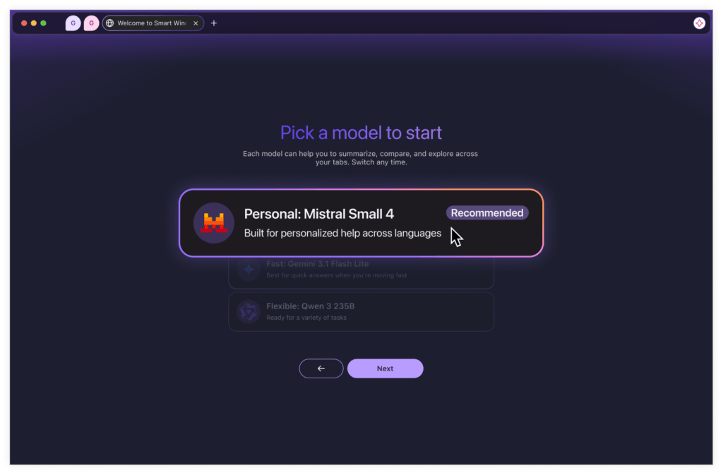 Het modelkeuzescherm van Firefox Smart Window met Mistral Small 4 als aanbevolen optie, en Gemini 3.1 Flash Lite en Qwen 3 235B eronder