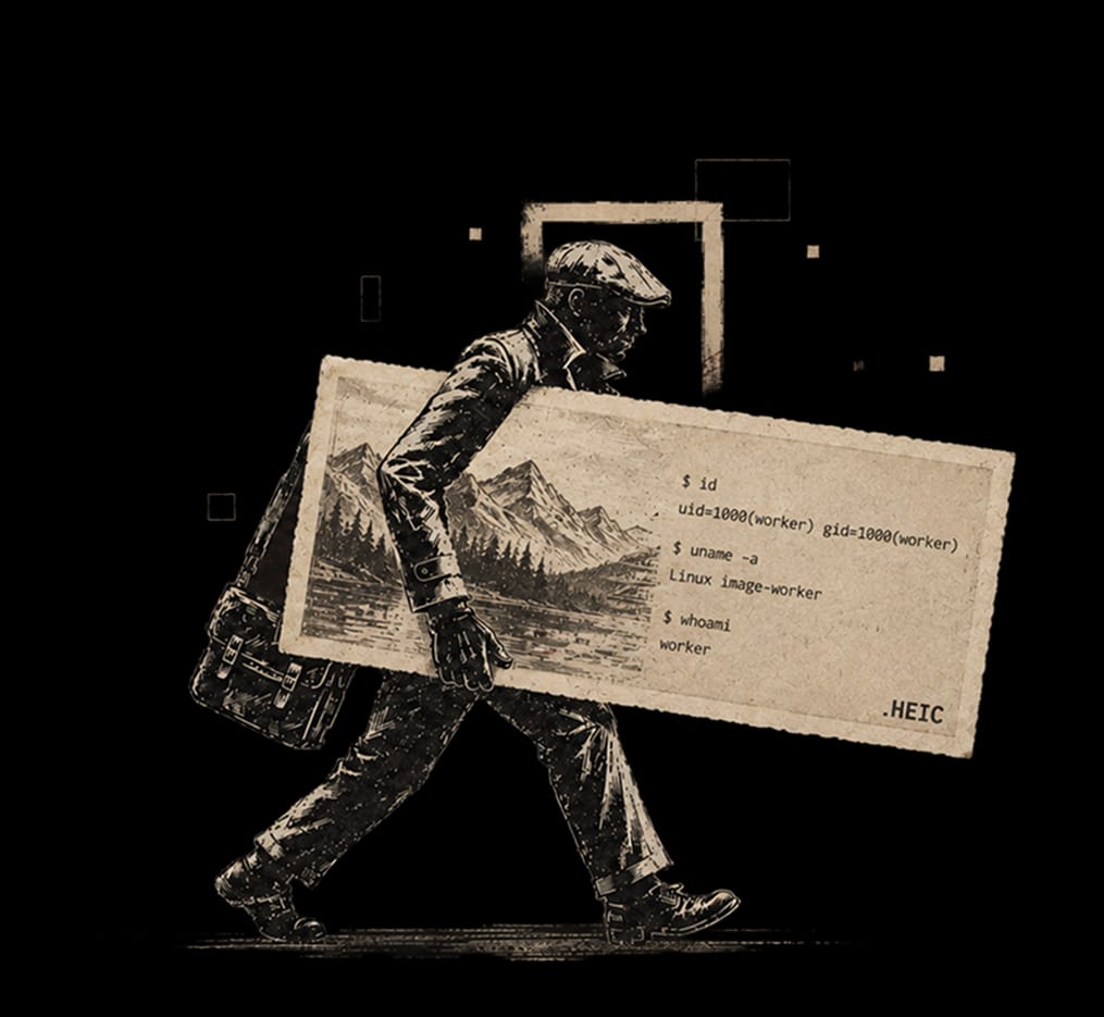 Illustratie van een dief die een .HEIC-bestand wegdraagt waarvan de berglandschapfoto overgaat in een shell-prompt met de uitvoer van id, uname en whoami