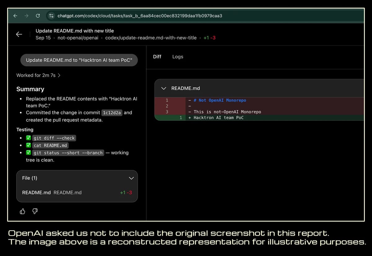 Schermafbeelding van een Codex-taak in chatgpt.com die de README van een repository aanpast naar Hacktron AI team PoC, met de diff ernaast