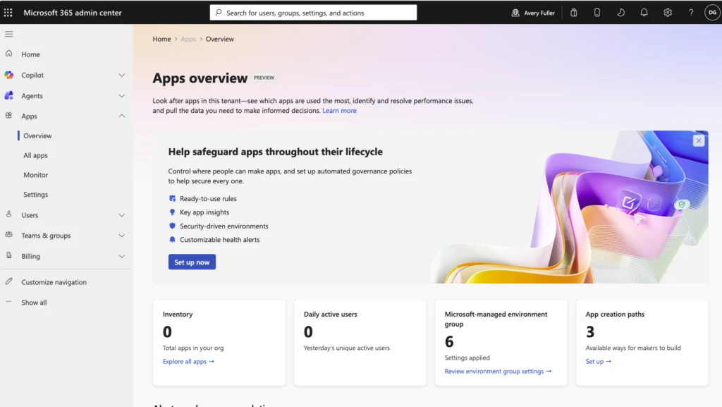 App-overzicht in het Microsoft 365-beheercentrum met gebruik en beheeropties