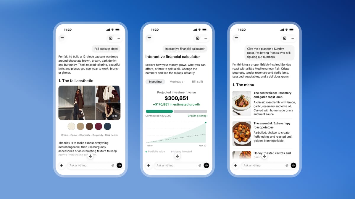 Drie telefoonschermen met de nieuwe ChatGPT-interface: een financiële calculator met tabs en een lijngrafiek, een garderobe-advies met een kleurenpalet, en een menuplan met foto's