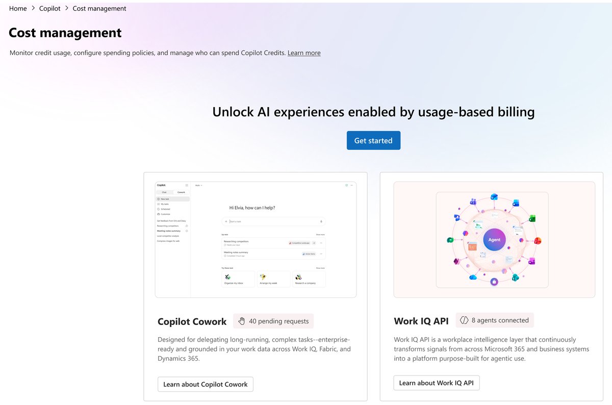 Het Microsoft 365-beheercentrum, pagina Copilot, Cost management, met de knop om betalen naar gebruik aan te zetten en kaarten voor Cowork en Work IQ API