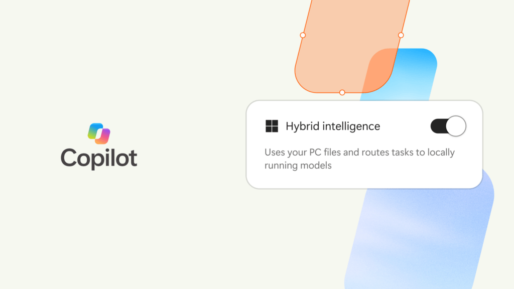 Illustratie van Microsoft: een schakelaar 'Hybrid intelligence' die pc-bestanden gebruikt en taken naar lokale modellen stuurt.