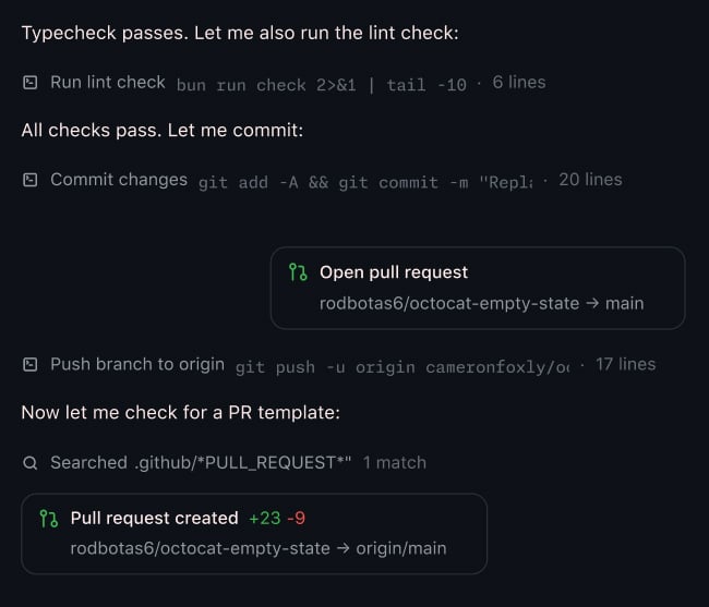 De GitHub Copilot app voert een lintcheck uit, commit de wijziging en opent een pull request