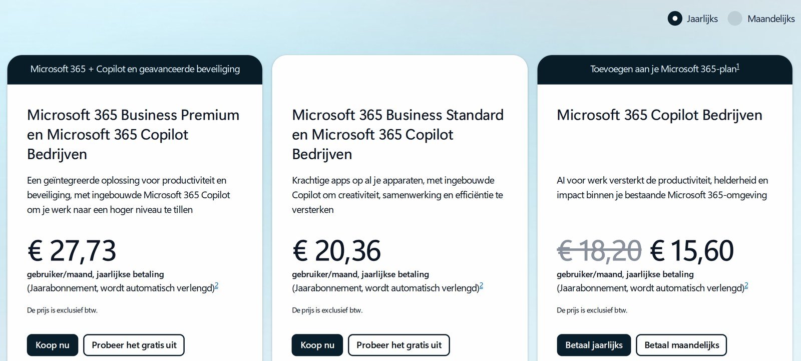 Microsofts prijskaarten voor Copilot Bedrijven bij jaarbetaling: €27,73, €20,36 en €18,20 doorgestreept naar €15,60