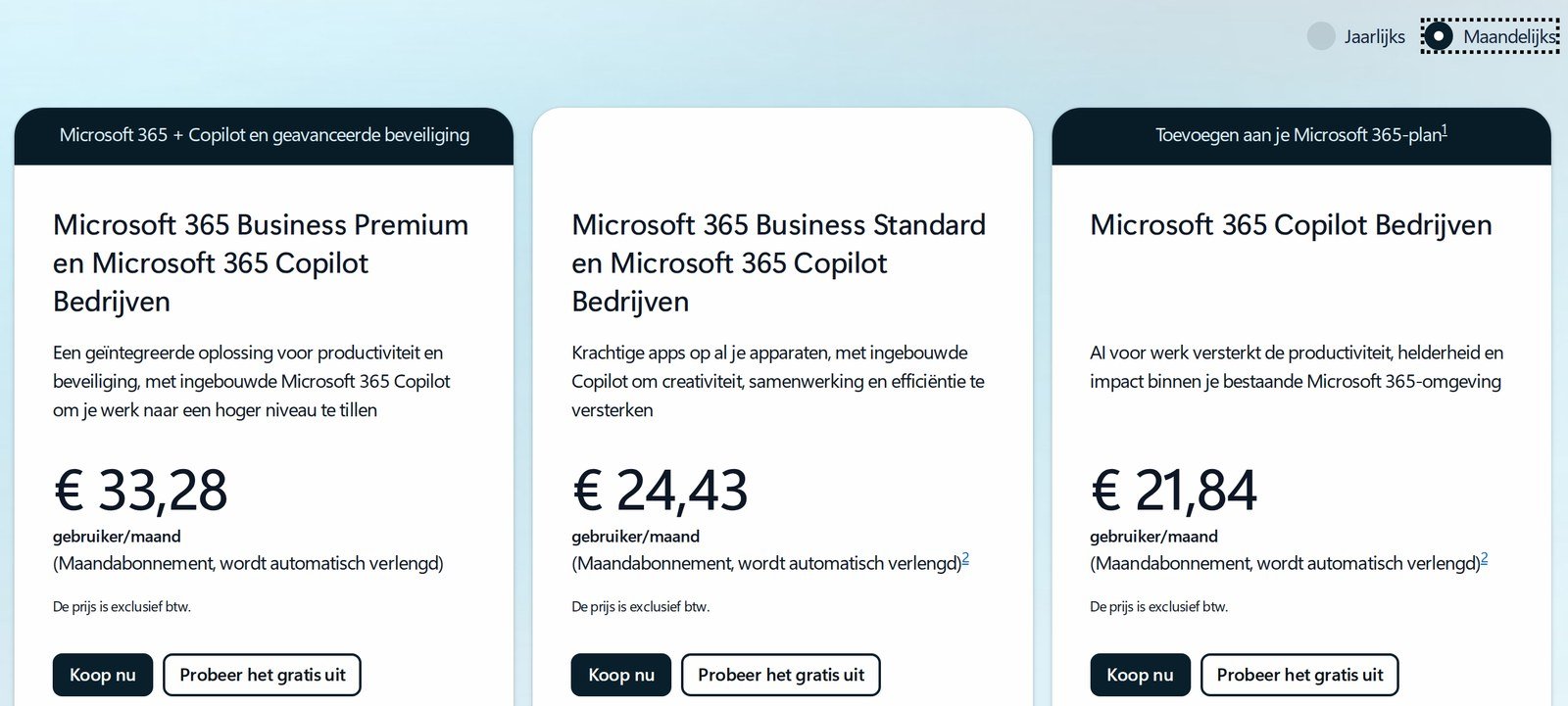 Dezelfde prijskaarten bij een maandabonnement: €33,28, €24,43 en €21,84