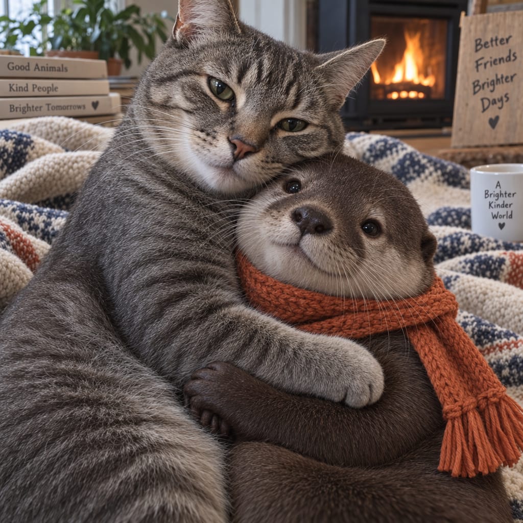Dezelfde kat en otter na de vervolgopdracht, met dezelfde boeken, mok en bordje op hun plek