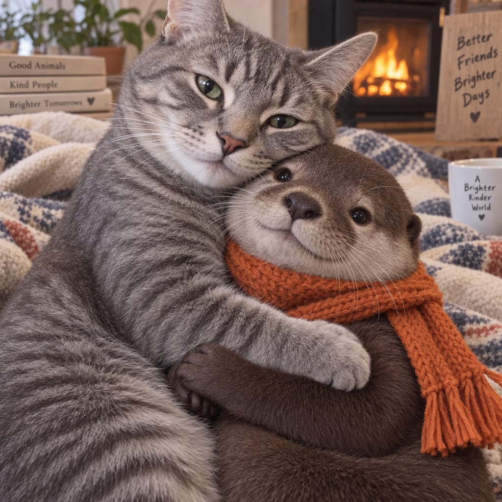 Een grijze cyperse kat knuffelt een otter met een oranje sjaal bij een haardvuur