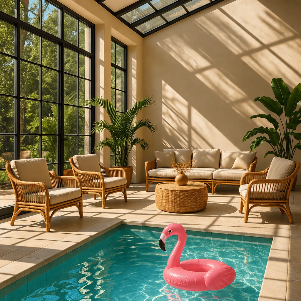 Dezelfde lounge, nu met een roze opblaasflamingo in het zwembad