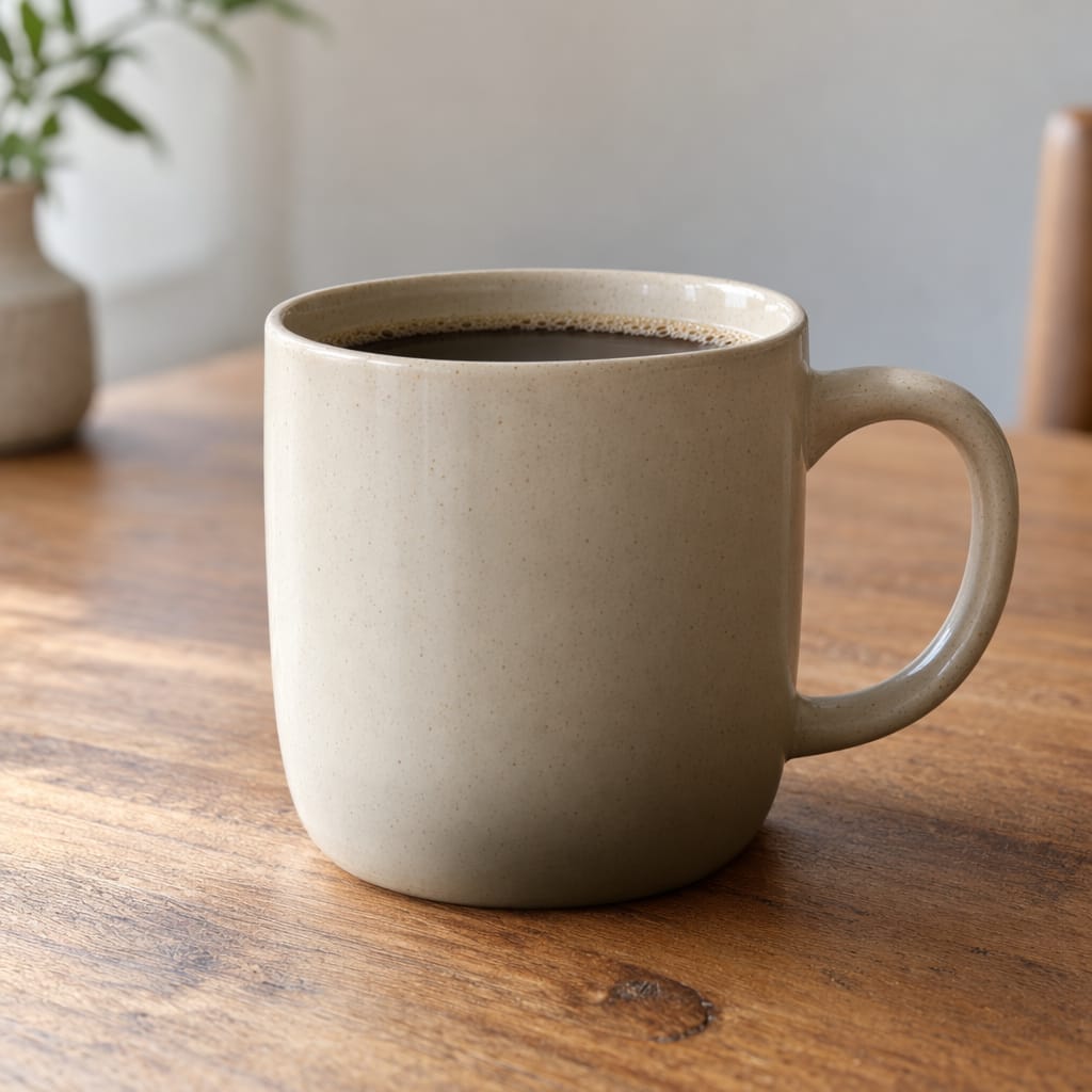 Een beige koffiemok op een houten tafel, gegenereerd door ChatGPT Images 2.5