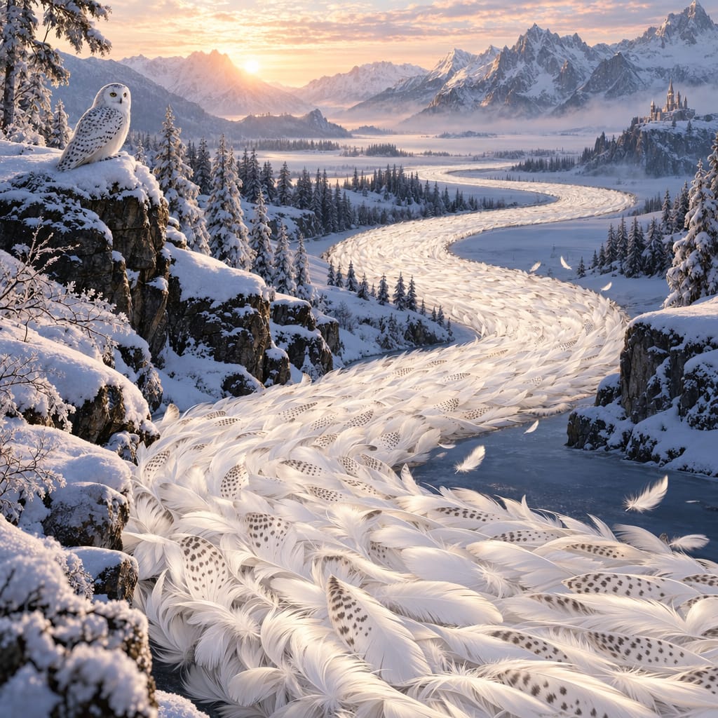 Een rivier van witte uilenveren die door een besneeuwd berglandschap kronkelt, met een sneeuwuil op een rots